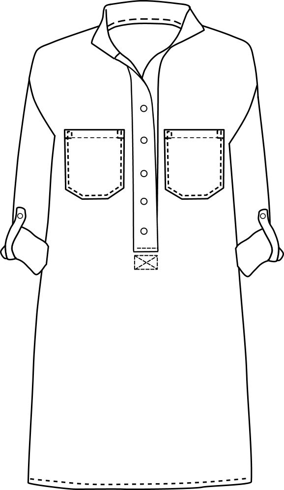 Robe Joan, dessin technique avec col droit et poches plaquées
